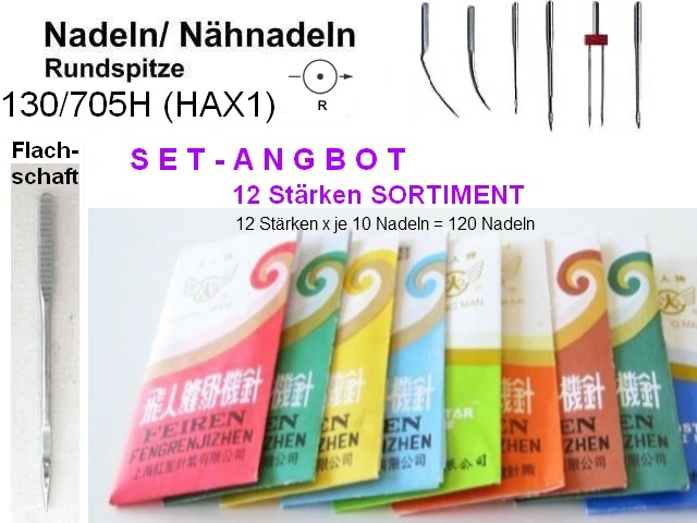 Nadeln 130/705H, 12 STÄRKEN SORTIMENT  SET mit 120 NÄHNADELN